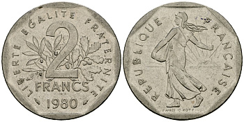 Франция 2 франка 1980 сеятель KM 942.1, Le Franc 272.3 никель 4120-1046