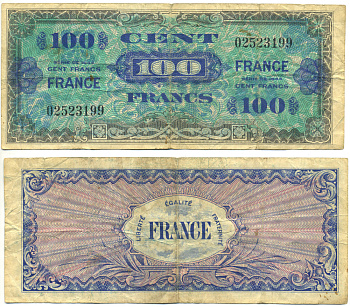 Франция 100 франков 1944 военный выпуск Pick 123 с бумага 3295-93-1