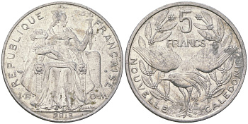 Французская Новая Каледония 5 франков 2013 птица кагу, (IEOM) KM 16, Schoen 12, Lec 81k алюминий 4111-1232