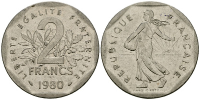Франция 2 франка 1980 сеятель KM 942.1, Le Franc 272.3 никель 4120-1046