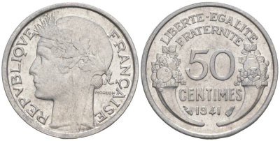 ФРАНЦИЯ 50 САНТИМОВ 1941 ТИП MORLON LOURDE KM 894.1a, LE FRANC 193.2 алюминий 44-232