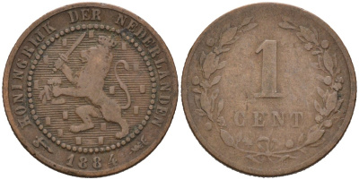 Нидерланды 1 цент 1884 Виллем III (1849-1890) KM 107 бронза 4576-616