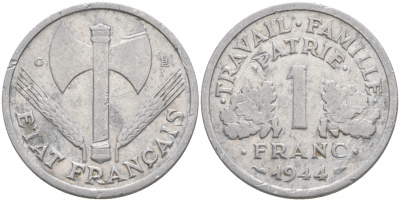 ФРАНЦИЯ 1 ФРАНК 1944 С, ТИП LEGERE, ПРАВИТЕЛЬСТВО ВИШИ KM 902.2, LE FRANC 223.7 алюминий 186-321