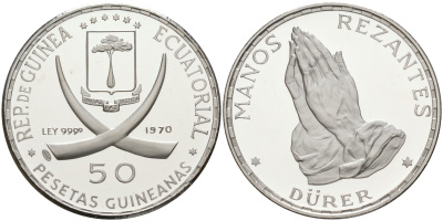 Экваториальная Гвинея 50 песет 1970 Дюрер, руки в молитве KM 7 серебро PROOF 1087-10-14