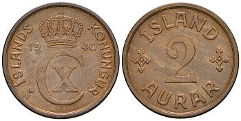 Исландия 2 эйре 1940 ?N, Кристиан X (1918-1944) KM 6 бронза 219-1227