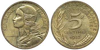 Франция 5 сантимов 1982 тип Marianne KM 933, Le Franc 125.18 медь алюминий никель 4124-335