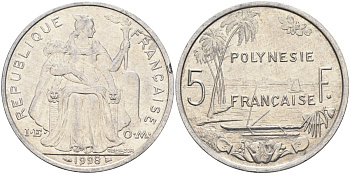 Французская Полинезия 5 франков 1998 KM 12 алюминий 4131-941