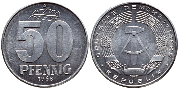 ГДР 50 пфеннигов 1968 А KM 12.2 алюминий UNC 76-1031