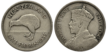 Новая Зеландия 1 флорин 1933 Георг V (1910-1936), птичка киви KM 4 серебро 272-1213