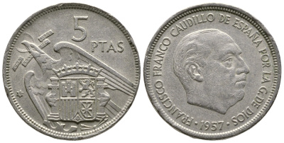 Испания 5 песет 1957 (67) Франсиско Франко (1939-1975) KM 786 медно-никель 4610-153