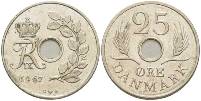 Дания 25 эре 1967 С; S, Фредерик IX (1947-1972) KM 855.1 медно-никель 67-1253