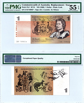 Австралия 1 доллар ND (1966) в холдере PMG 55, серия замещения ZAF Елизавета II (1952-2022), картины аборигенов Pick 37 a* бумага 10-3-04