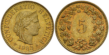 Швейцария 5 раппенов 1983 KM 26c алюминиевая бронза 4189-339