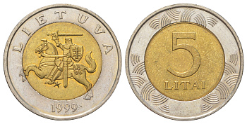 Литва 5 лит 1999 KM 113 биметалл UNC 4624-731