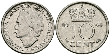 Нидерланды 10 центов 1948 Вильгельмина (1895-1948) KM 177 никель 96-533