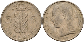 Бельгия 5 франков 1967 Belgie, Бодуэн I (1951-1993) KM 135 медно-никель 4187-1123