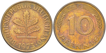 ФРГ 10 пфеннигов 1973 D KM 108 сталь плакированная латунью 4613-1234