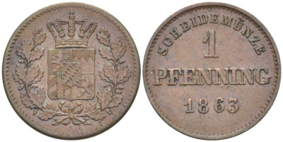 Бавария 1 пфенниг 1863 Максимилиан II (1848-1864) КМ 471 медь 201-247