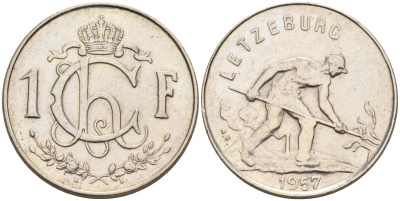 Люксембург 1 франк 1957 Шарлотта (1918-1964), сталевар KM 46.2 медно-никель 4591-246