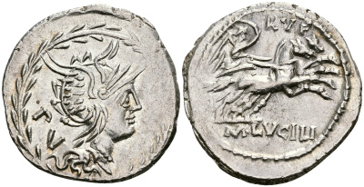 Римская Республика денарий 101 г. до н.э. монетарий М. Луцилий Руф. голова Ромы / Виктория в биге extremely fine 3,74 гр. Crawf. 324/1; Syd. 5990 серебро 1073-5-4-2