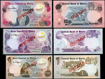 Мальта 1, 5 и 10 лир (фунтов) L. 1967 (1979) образец, Specimen, № 002852 Pick 34 s, 35 s, 36 s  бумага  UNC (пресс) 451-22-2