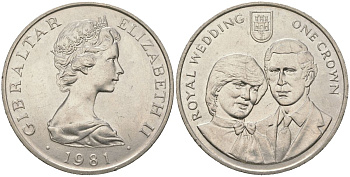 Гибралтар 1 крона 1981 Свадьба Принца Чарльза и Леди Дианы KM 14 медно-никель UNC 1066-3-12