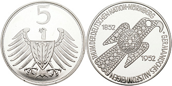Германия медаль ND 5 марок 1952 года, 100 лет Германскому музею в Нюрнберге, серебрение медно-никель PROOF 06-131-25