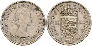 Великобритания 1 шиллинг 1960 Елизавета II (1952-2022), Английский герб KM 904, Spink 4147 медно-никель 4143-1226