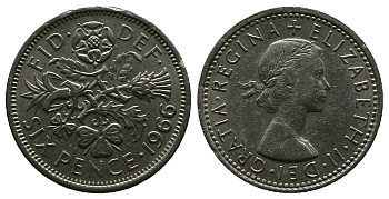 Великобритания 6 пенсов 1966 Елизавета II (1952-2022) KM 903, Spink 4149 медно-никель 4381-854