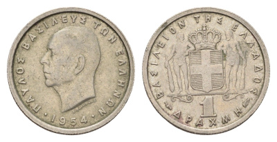 Греция 1 драхма 1954 Павел I (1947-1964) KM 81 медно-никель 4669-125