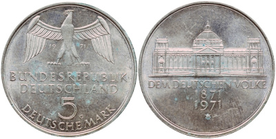 ФРГ 5 марок 1971 G, 100 лет основания Германской Империи KM 128.1, J. 409 серебро aUNC 1529-312