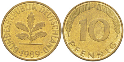 ФРГ 10 ПФЕННИГОВ 1989 J KM 108, J. 383 сталь плакированная латунью 4182-951