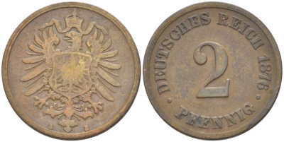ГЕРМАНИЯ 2 ПФЕННИГА 1876 B, СТАРОГЕРБОВКА KM 2, J. 2, Weege 3 медь 212-653