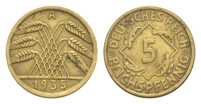 Германия 5 рейхспфеннигов 1935 A KM 39, J. 316 алюминиевая бронза 4636-744