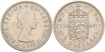Великобритания 1 шиллинг 1963 Елизавета II (1952-2022), Английский герб KM 904, Spink 4147 медно-никель 4556-643