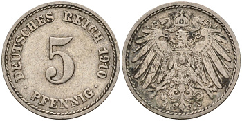 Германия 5 пфеннигов 1910 A KM 11, J. 12 медно-никель 4151-521