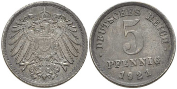 ГЕРМАНИЯ 5 ПФЕННИГОВ 1921 F KM 19, J. 297, Weege 5 железо 206-734