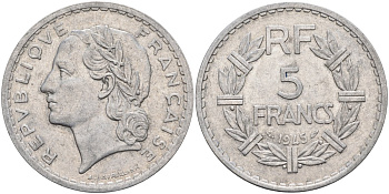 Франция 5 франков 1945 тип Лаврийе, Open 9 KM 888b.1, Le Franc 339.3 алюминий 4117-1143