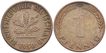 ФРГ 1 ПФЕННИГ 1950 J KM 105, J. 380 сталь плакированная медью 116-338