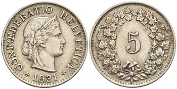 ШВЕЙЦАРИЯ 5 РАППЕНОВ 1931 В KM 26 медно-никель 4532-928