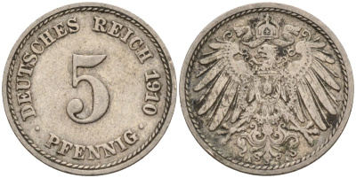 Германия 5 пфеннигов 1910 A KM 11, J. 12 медно-никель 4151-521