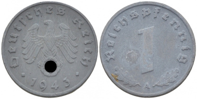 ГЕРМАНИЯ 1 РЕЙХСПФЕННИГ 1943 A KM 97, J. 369 цинк 3309-737