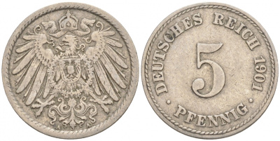 ГЕРМАНИЯ 5 ПФЕННИГОВ 1901 A, KM 11, J. 12 медно-никель 73-257