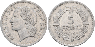 Франция 5 франков 1945 тип Лаврийе, Open 9 KM 888b.1, Le Franc 339.3 алюминий 4117-1143