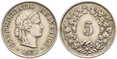 ШВЕЙЦАРИЯ 5 РАППЕНОВ 1931 В KM 26 медно-никель 4532-928