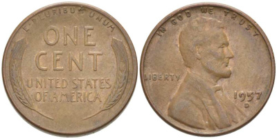 США 1 ЦЕНТ 1957 D, ЛИНКОЛЬН KM А132 медь цинк 3309-1212