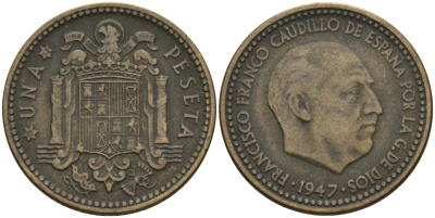 Испания 1 песета 1947 (57) Франсиско Франко (1939-1975) KM 775 алюминиевая бронза 4448-1047