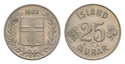 Исландия 25 эйре 1966 KM 11 медно-никель aUNC 4632-435