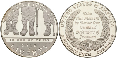 США 1 доллар 2010 W, американские ветераны-инвалиды KM 479 серебро PROOF 11-233-32