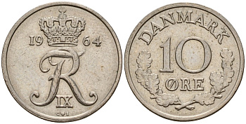 Дания 10 эре 1964 C; S, Фредерик IX (1947-1972) KM 849.1 медно-никель 4189-928